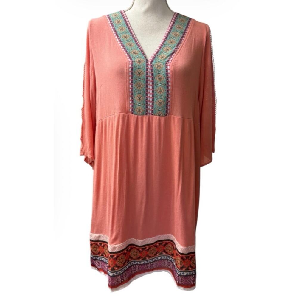 White Mark Women's XL Pink 3/4 Sleeve V Neck Open Back Tunic Knee Length Dress